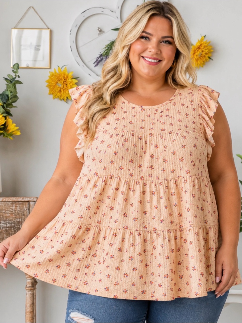 Heimish NWT Plus Size Floral Flutter Sleeve Tiered Babydoll Top